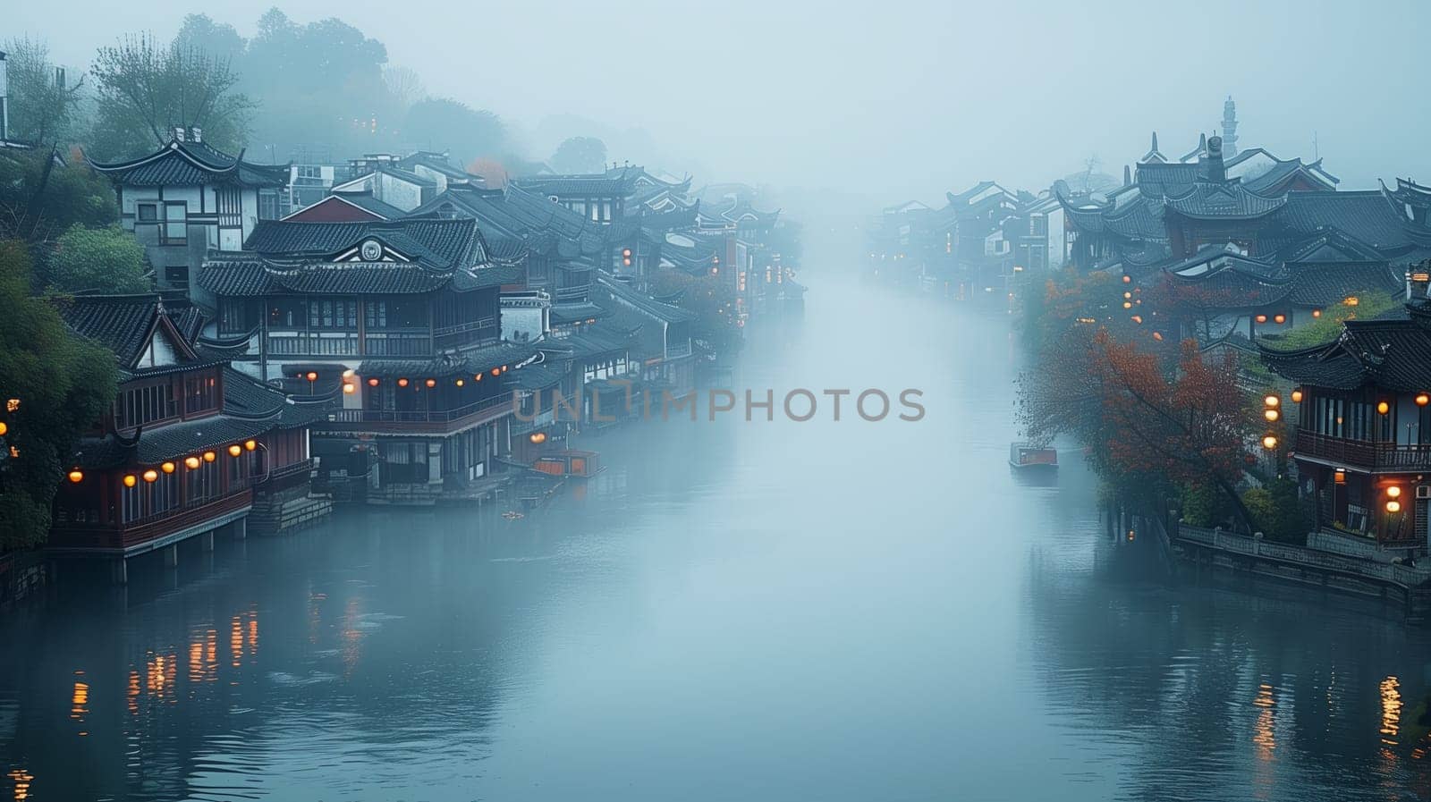 A misty morning view of a traditional Chinese water village, with ancient wooden buildings lining the banks of a tranquil canal. The fog adds a sense of mystery and tranquility to the scene, creating a picturesque and atmospheric image.