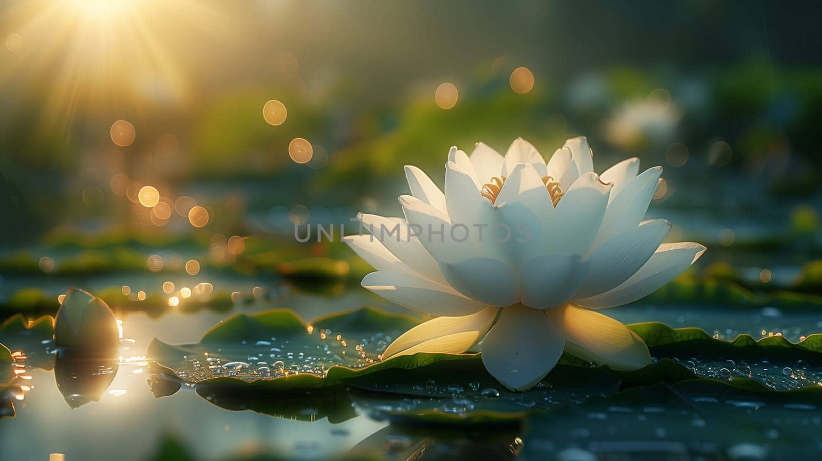 A white water lily blooms on a calm pond, bathed in the warm glow of the morning sun. The sunlight creates a beautiful, soft bokeh effect in the background, highlighting the delicate petals of the lily.