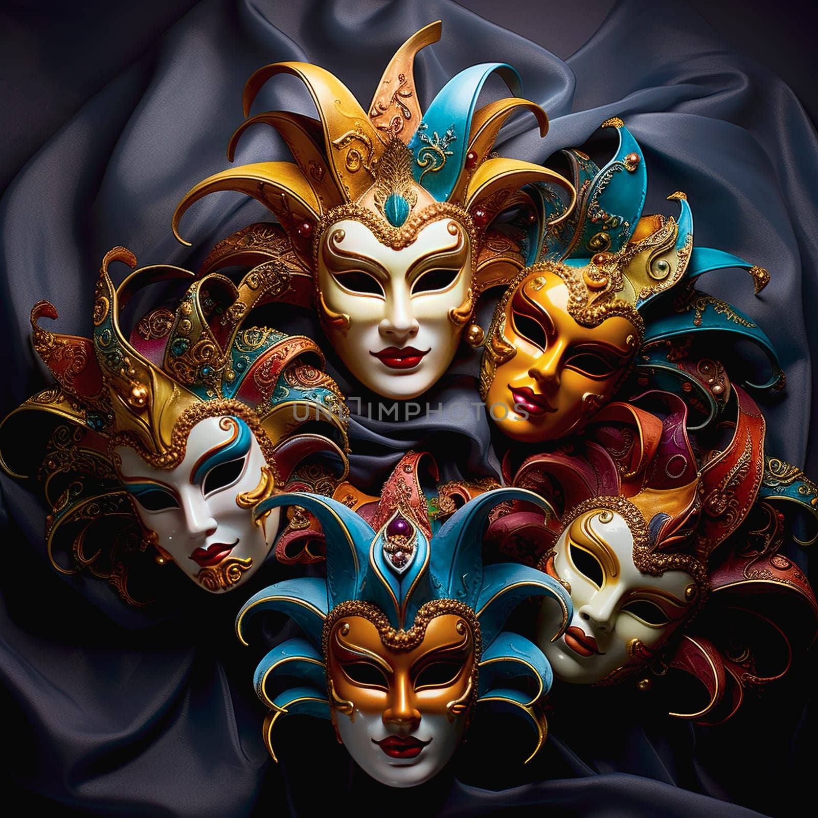 Various bright carnival masks. Concept of acting and entertaiment. Ai art. High quality photo