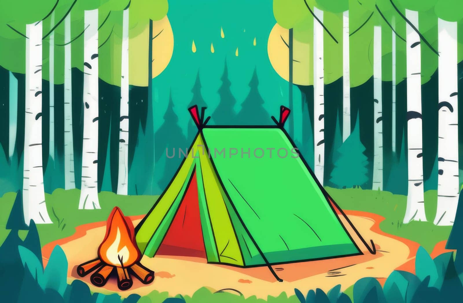Tent and bonfire in a birch forest