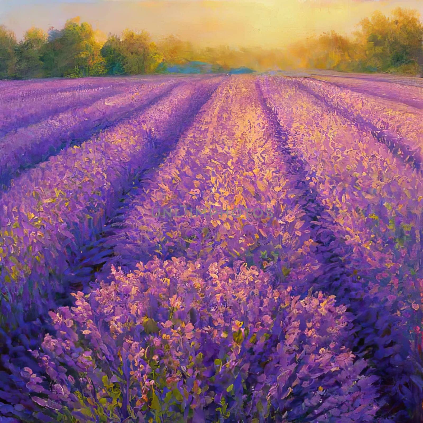 Beautiful lavender field at sunset . Summer landscape. Al generated art.