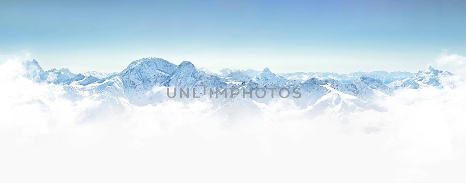 Panorama of winter mountains in Caucasus region Russia. Concept of natural beauty and majestic landscapes