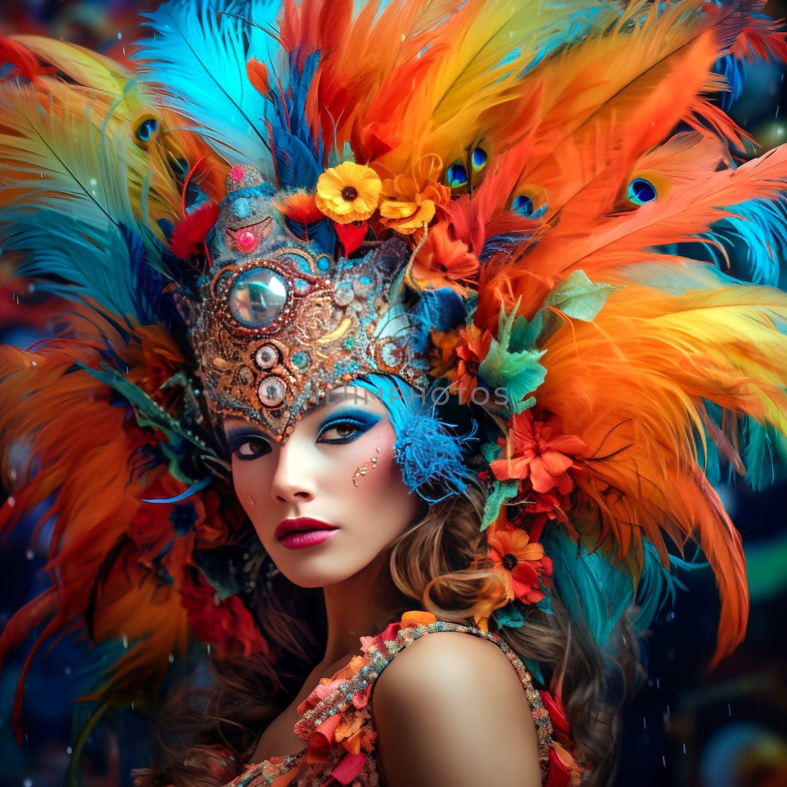Woman in a carnival costume and carnival makeup. Concept of acting and entertaiment. Ai art. High quality photo