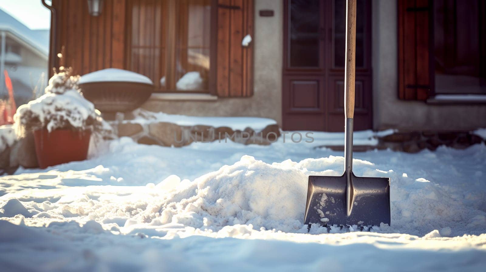 snow shovel in the snow . High quality photo