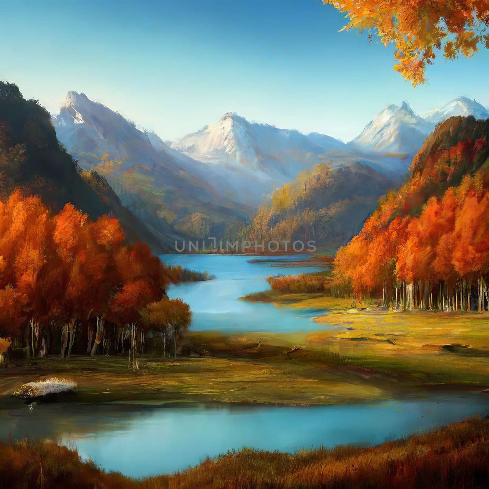 Autumn landscape yellow trees meadows, lake and mountains.