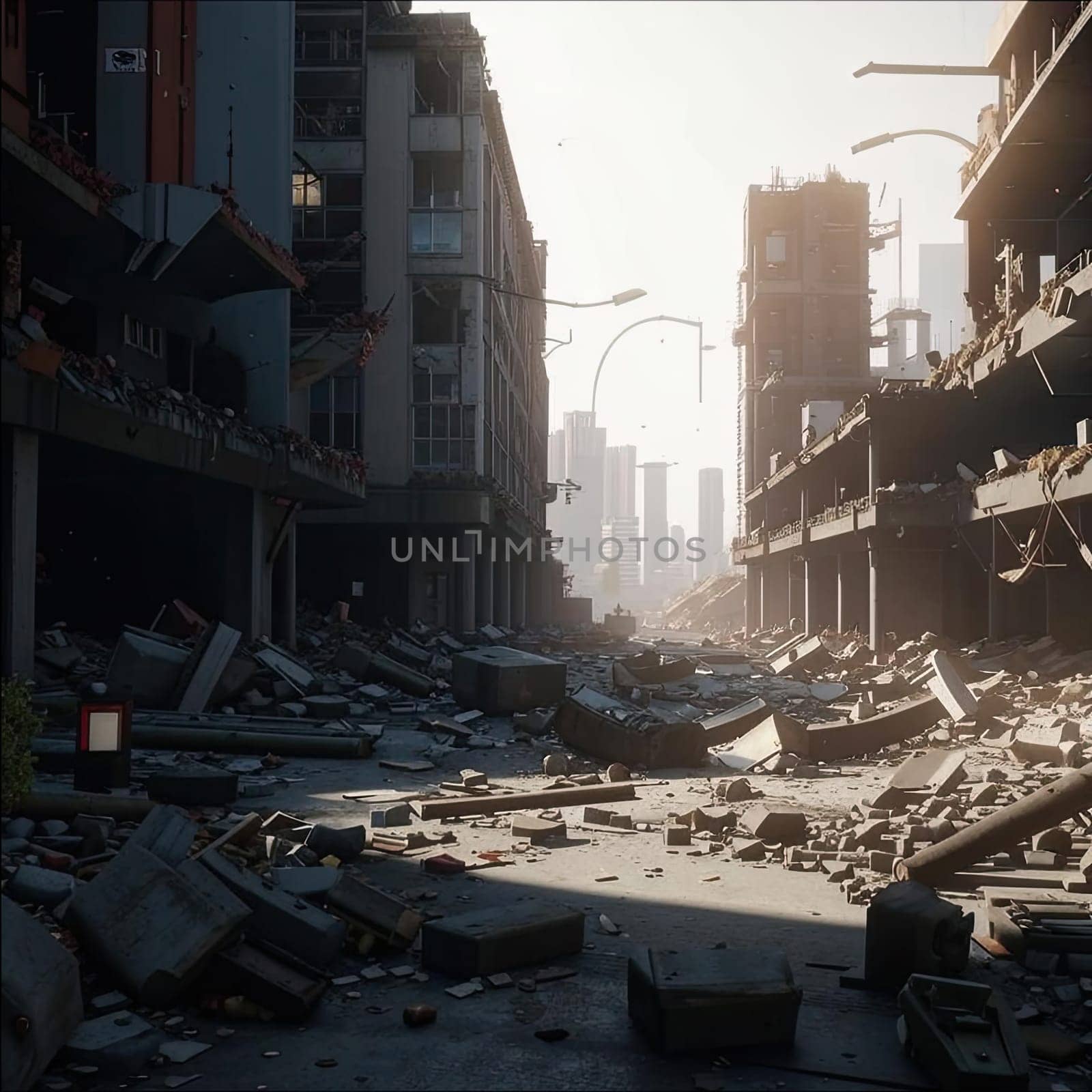 Photograph of destroyed buildings and houses due to the war. Mass destruction. Lifeless cities. Combat operations on the territory of civilians. Concrete, stones and glass shards.