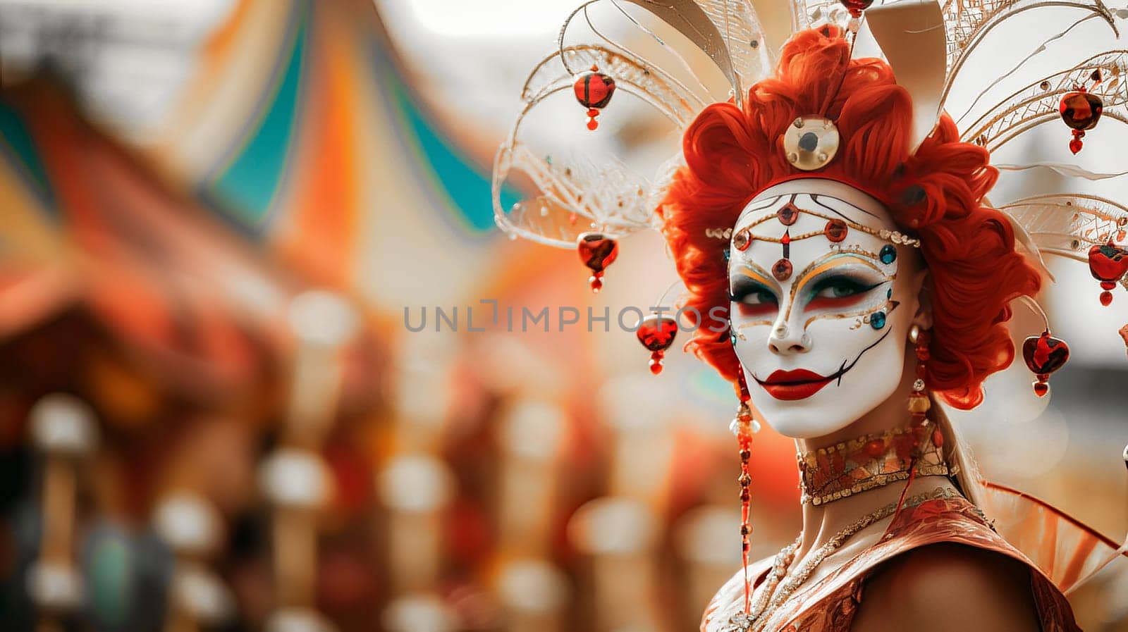 Woman in a carnival costume and carnival makeup. Concept of acting and entertaiment. Ai art. High quality photo
