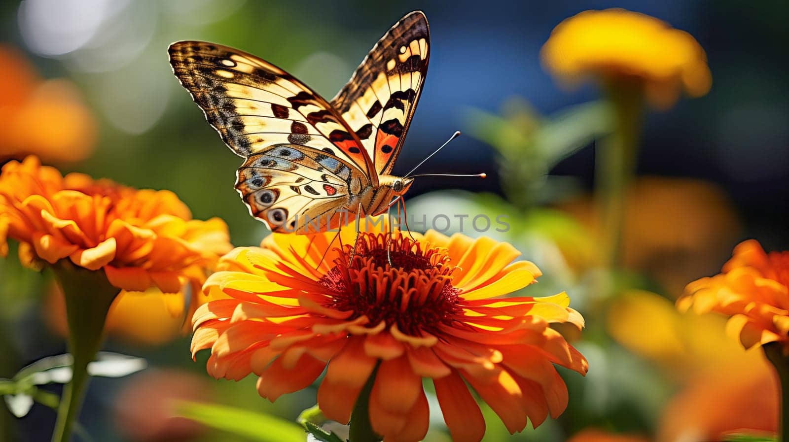 Beautiful multi-colored butterfly on a flower. Beauty in nature. Ai art.