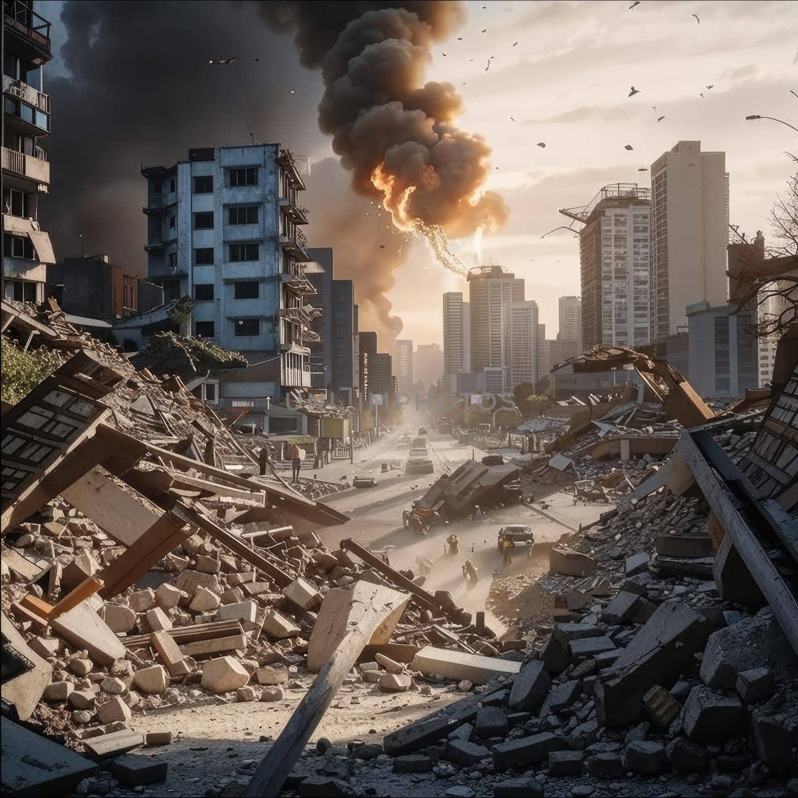 Photograph of destroyed buildings and houses due to the war. Mass destruction. Lifeless cities. Combat operations on the territory of civilians. Concrete, stones and glass shards.