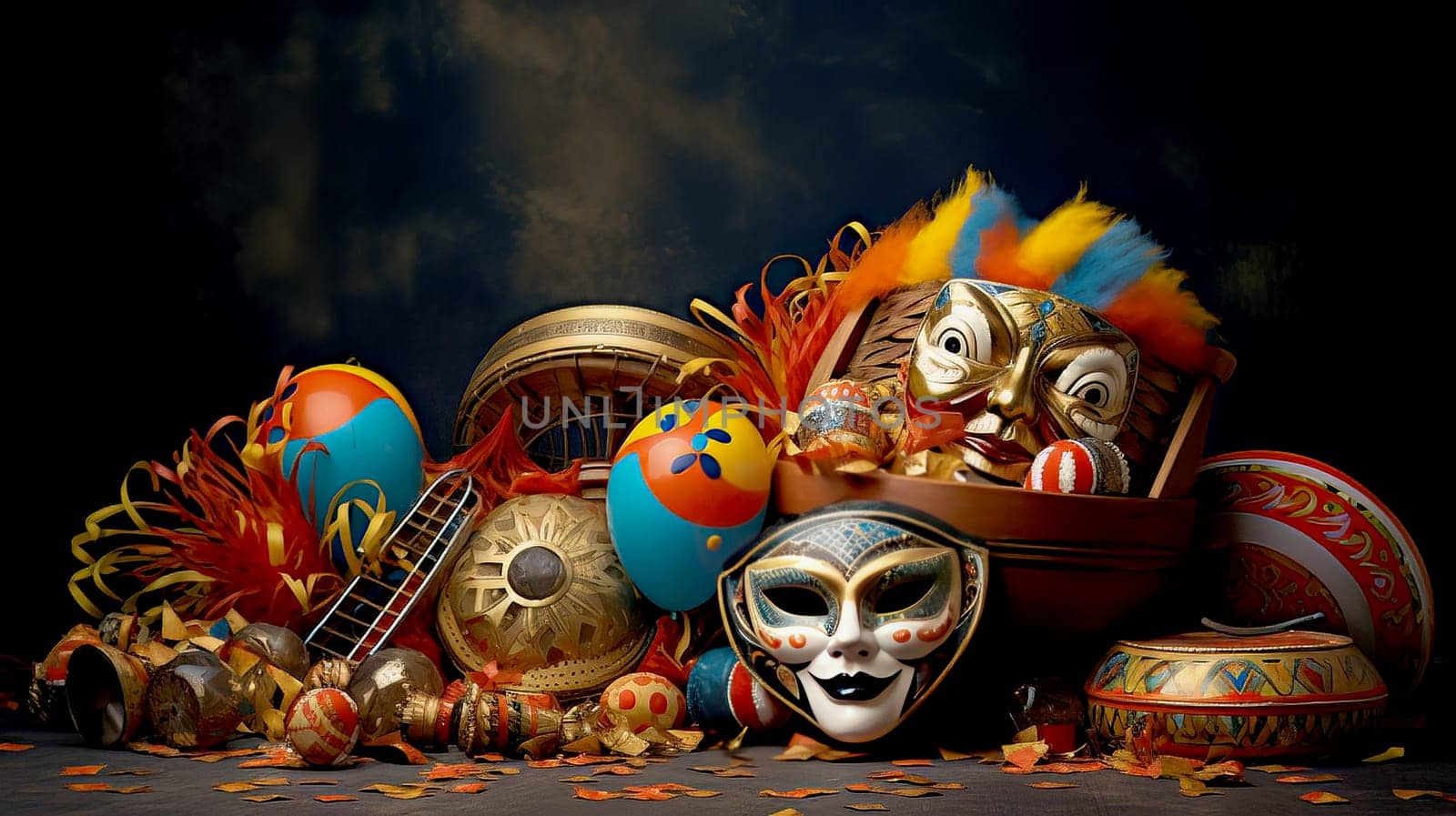 Bright carnival masks. Concept of acting and entertaiment. Ai art. High quality photo