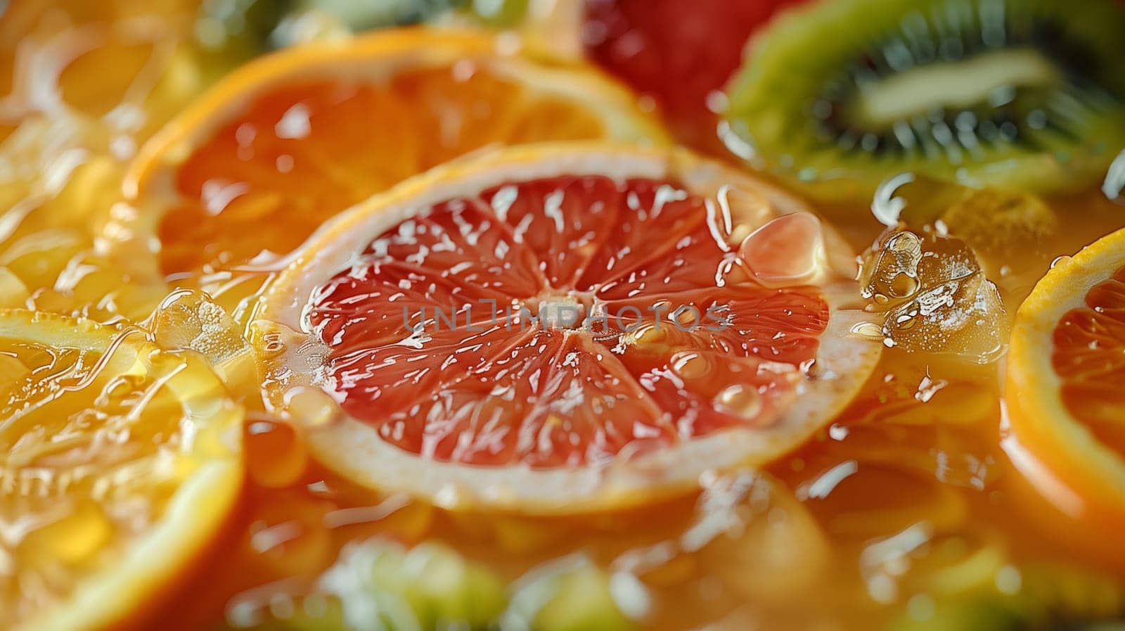 A close-up image of various citrus fruit slices in ice water. The image focuses on a large grapefruit slice, surrounded by smaller orange slices and a kiwi slice. The fruit is bright and vibrant, while the ice cubes add a refreshing touch.