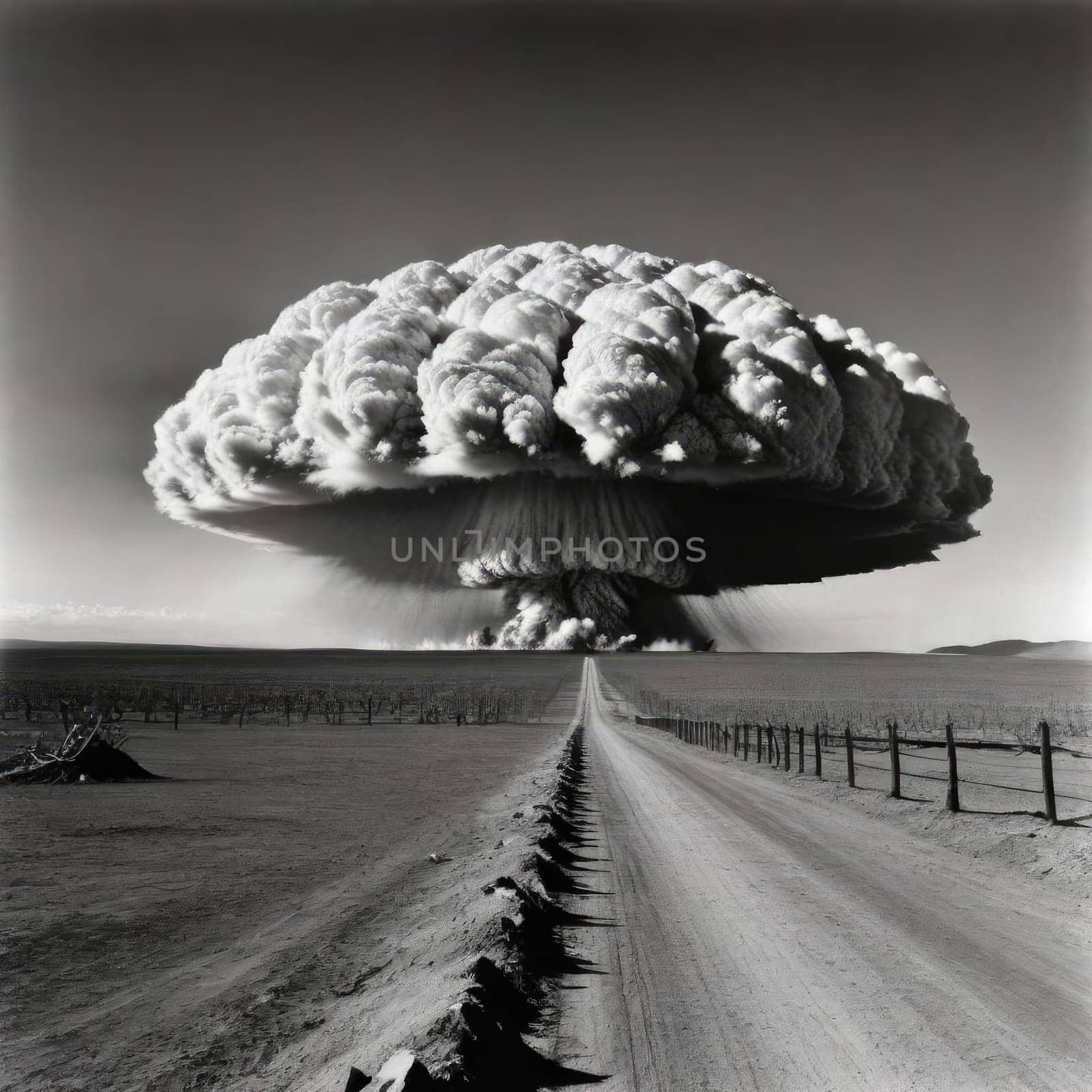 A photograph of a nuclear explosion against the backdrop of destroyed buildings and vacant lots and people. Military combat operations. Nuclear mushroom. Weapons of mass destruction.