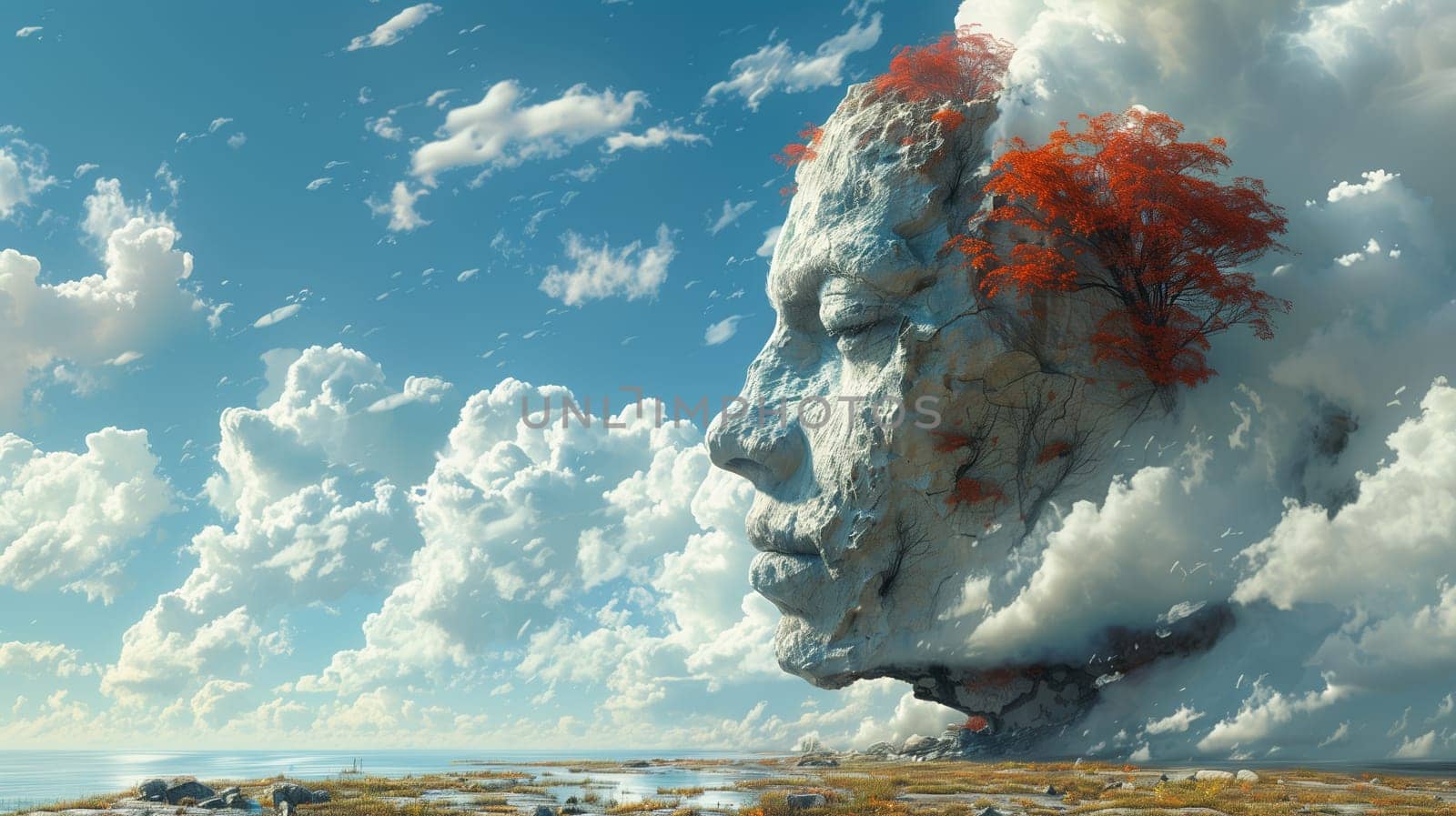 A surreal landscape painting depicts a large, rocky mountain shaped like a human face with its eyes closed. On top of the mountain, a vibrant red tree grows, its branches reaching towards the sky. The background features a vast expanse of fluffy white clouds against a clear blue sky. A distant ocean is visible in the foreground.