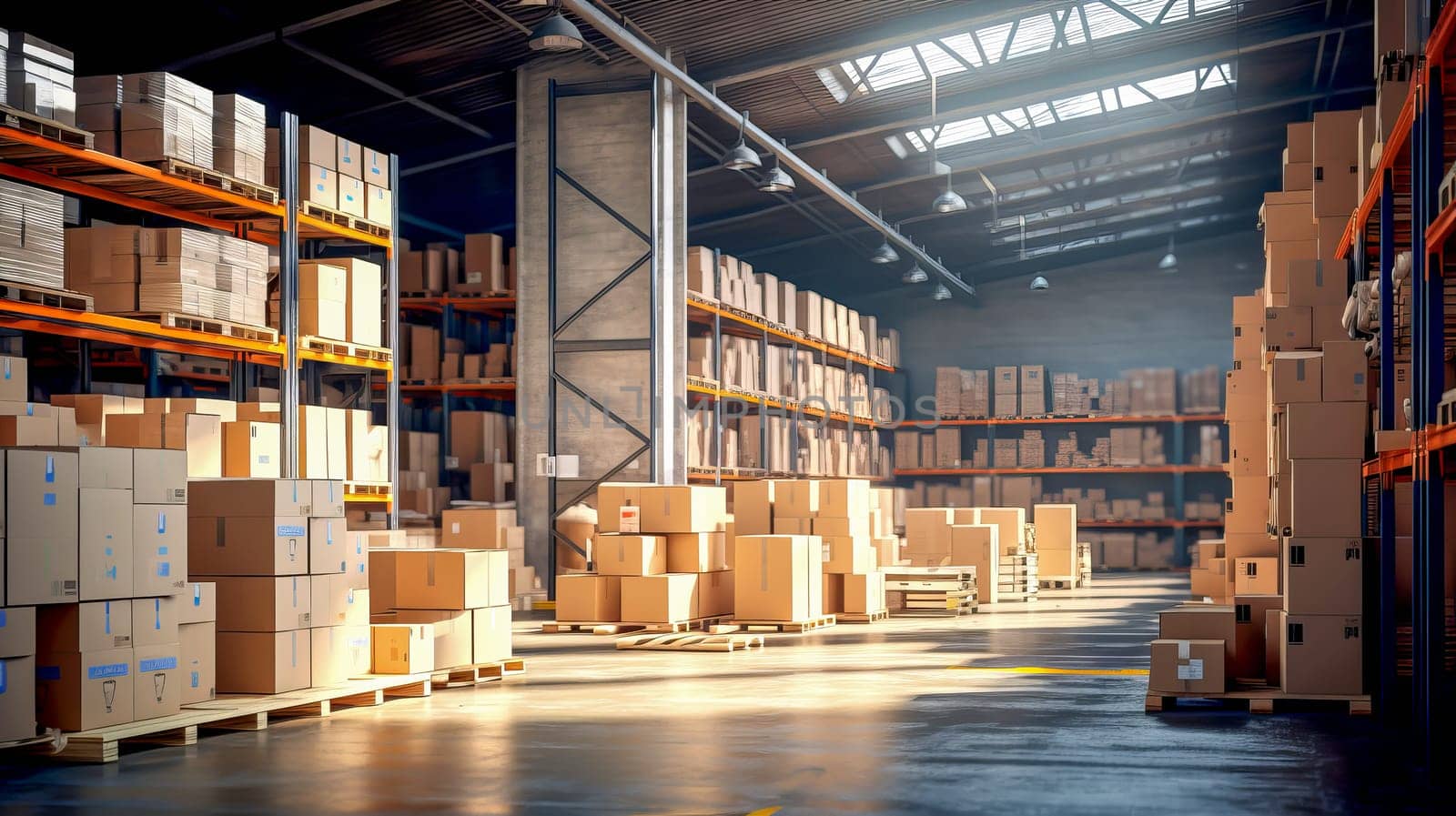 Distribution center with box packaging on shelves. Large warehouse with packaged goods. Ai art