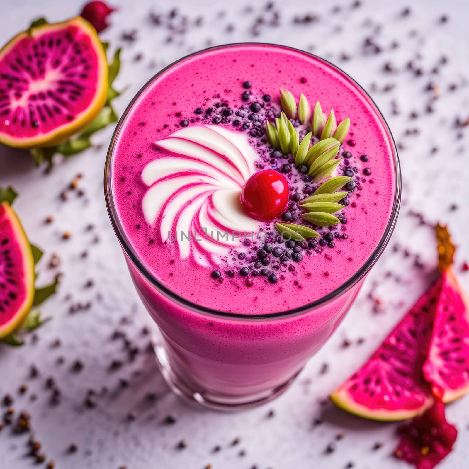 Photo of pink matcha from bright dragon fruit powder. It is rich in vitamins and minerals. Sweet taste reminiscent of a mixture of strawberries and kiwi.