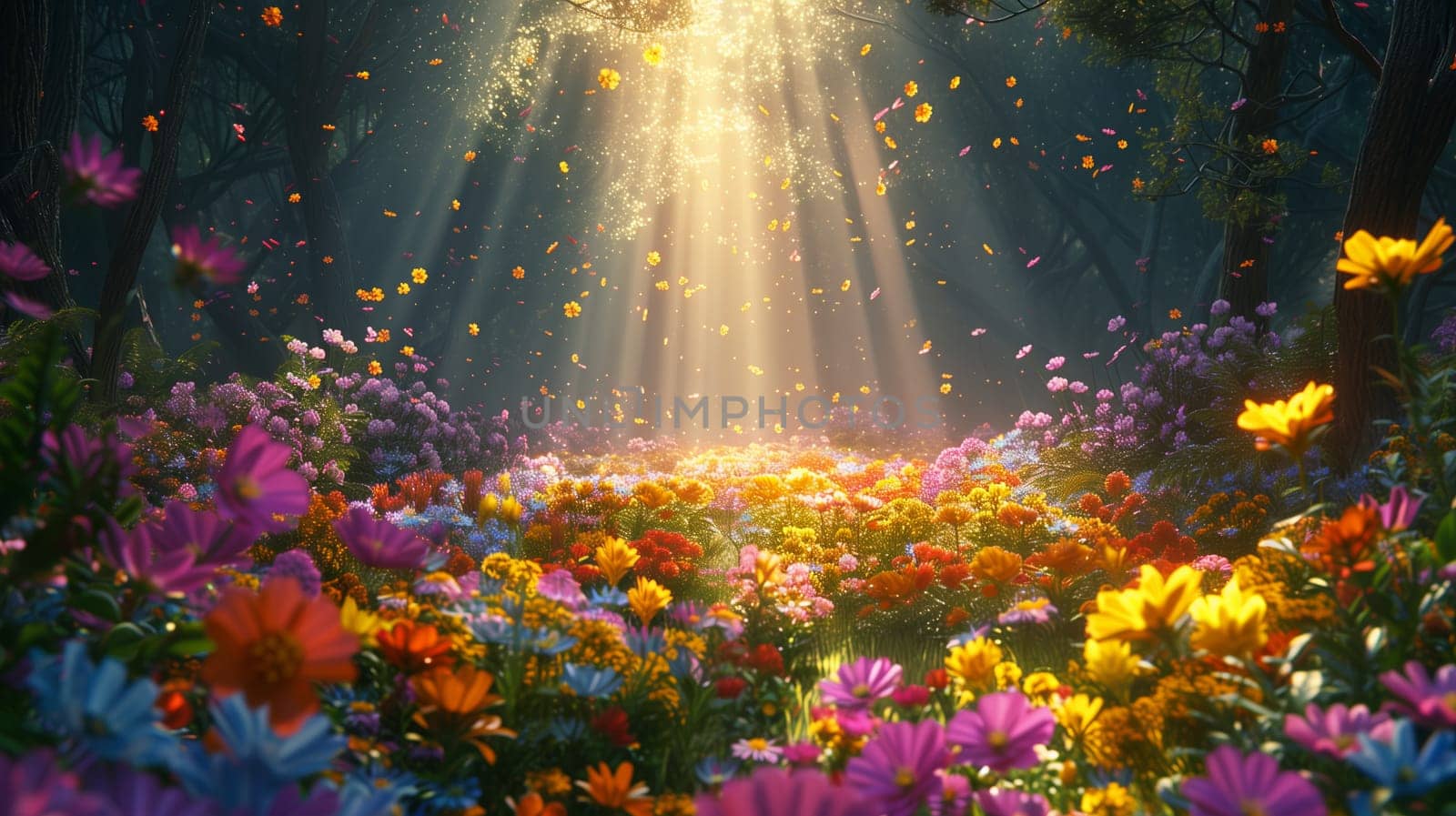 A digital illustration of a vibrant wildflower meadow bathed in sunlight, surrounded by towering trees. The sunlight beams down through the foliage, illuminating the colorful flowers and creating a magical, ethereal atmosphere.