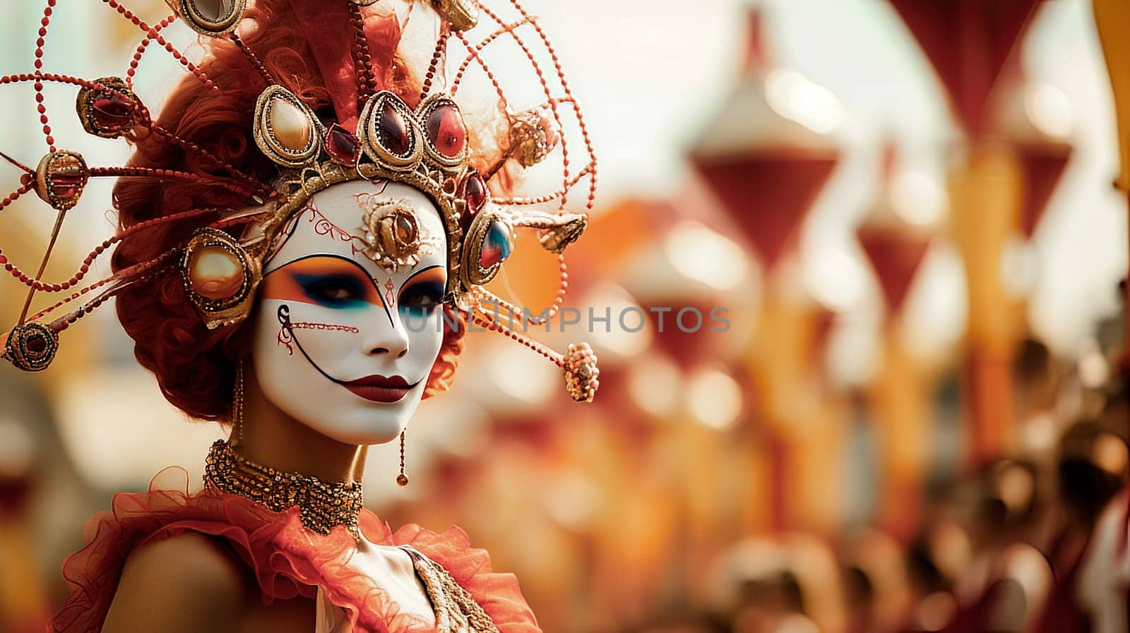 Woman in a carnival costume and carnival makeup. Concept of acting and entertaiment. Ai art. High quality photo