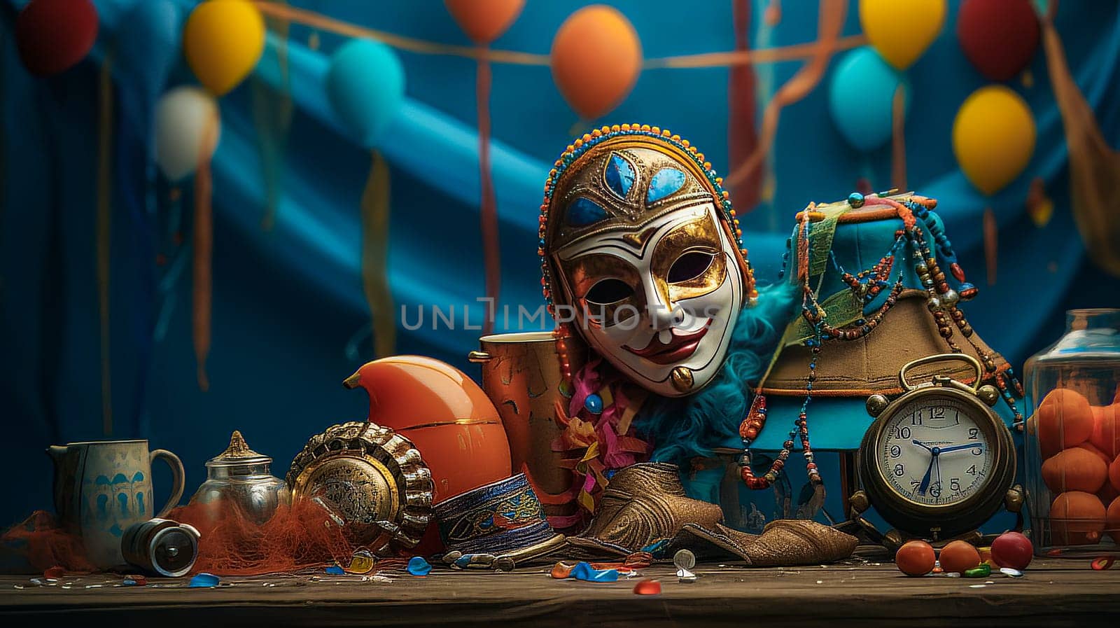 Bright carnival masks. Concept of acting and entertaiment. Ai art. High quality photo