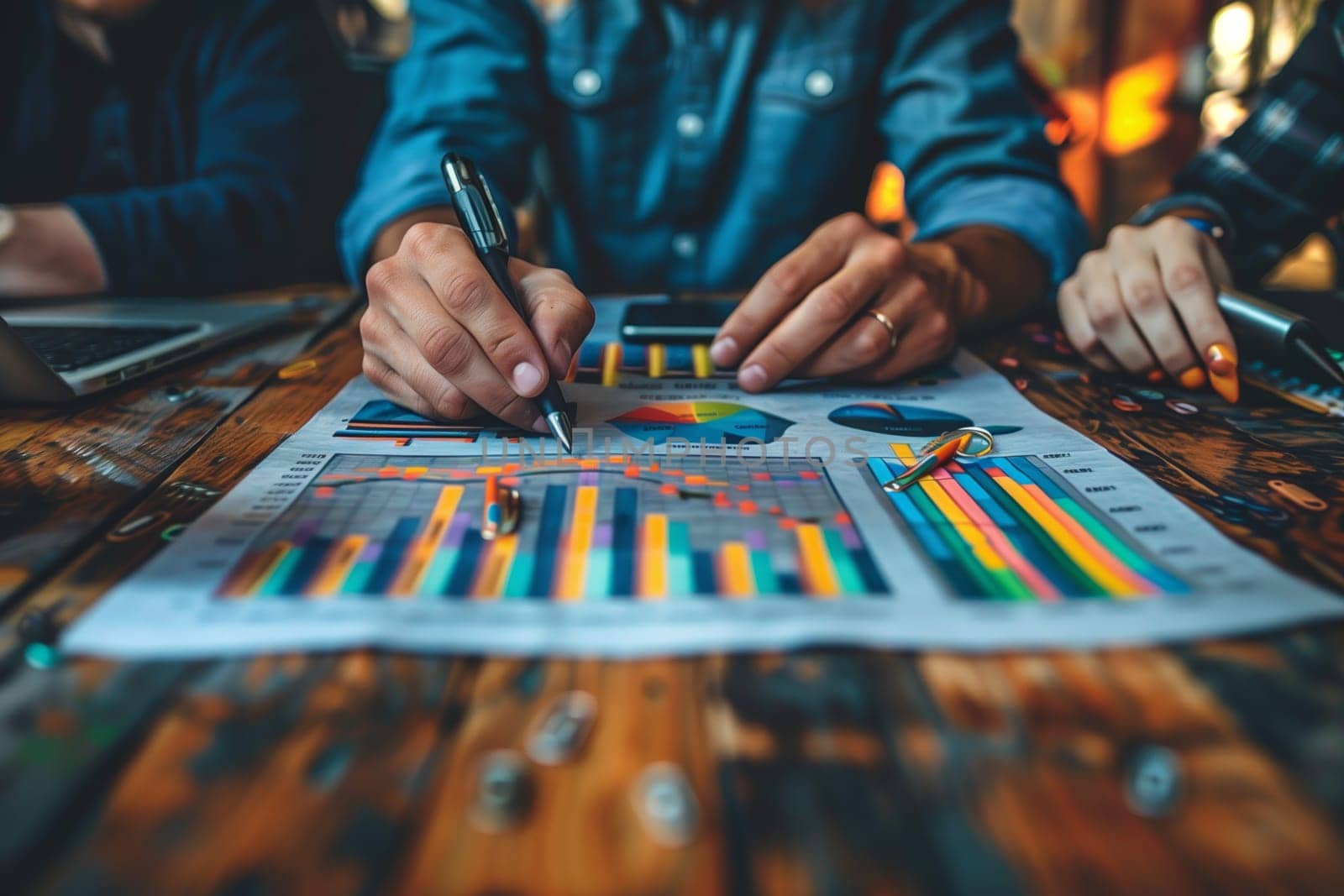 A person is seen analyzing colorful business charts with a pen. They are sitting at a wooden table with other people, likely during a meeting. The charts show various data points and trends, indicating the focus on business strategy and analysis.