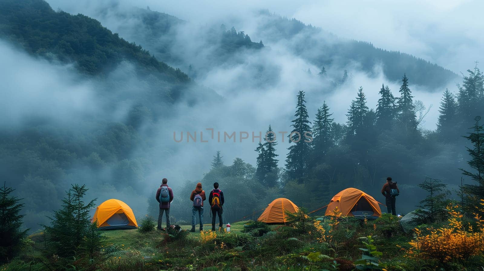 A group of hikers stand in front of their tents, set up in a clearing in the fog-covered mountains. The group looks out over the misty landscape, enjoying the peace and tranquility of their remote campsite. The trees in the background are tall and green, and the fog creates a sense of mystery and wonder.
