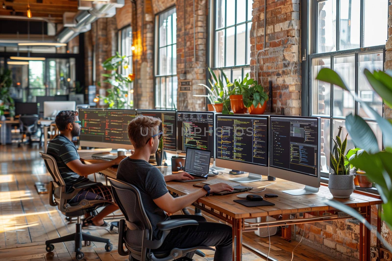 Two programmers work at a large desk in a loft office, each with multiple monitors. They appear to be collaborating on a project, with several lines of code visible on the screens. The office features exposed brick walls, large windows, and plants for a modern, stylish aesthetic.