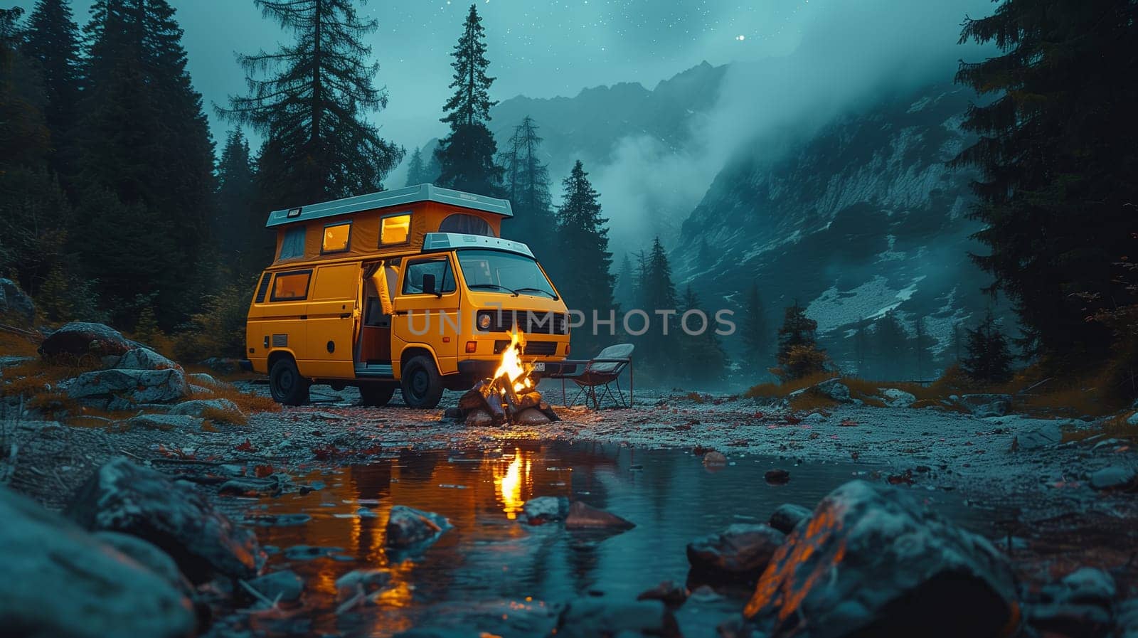 A yellow camper van is parked on the shore of a calm mountain lake at night. The van is illuminated by the warm glow of a campfire in front of it. The mountains rise up in the distance, shrouded in fog, and the sky is filled with stars. The scene is peaceful and serene, suggesting a relaxing and enjoyable camping trip.
