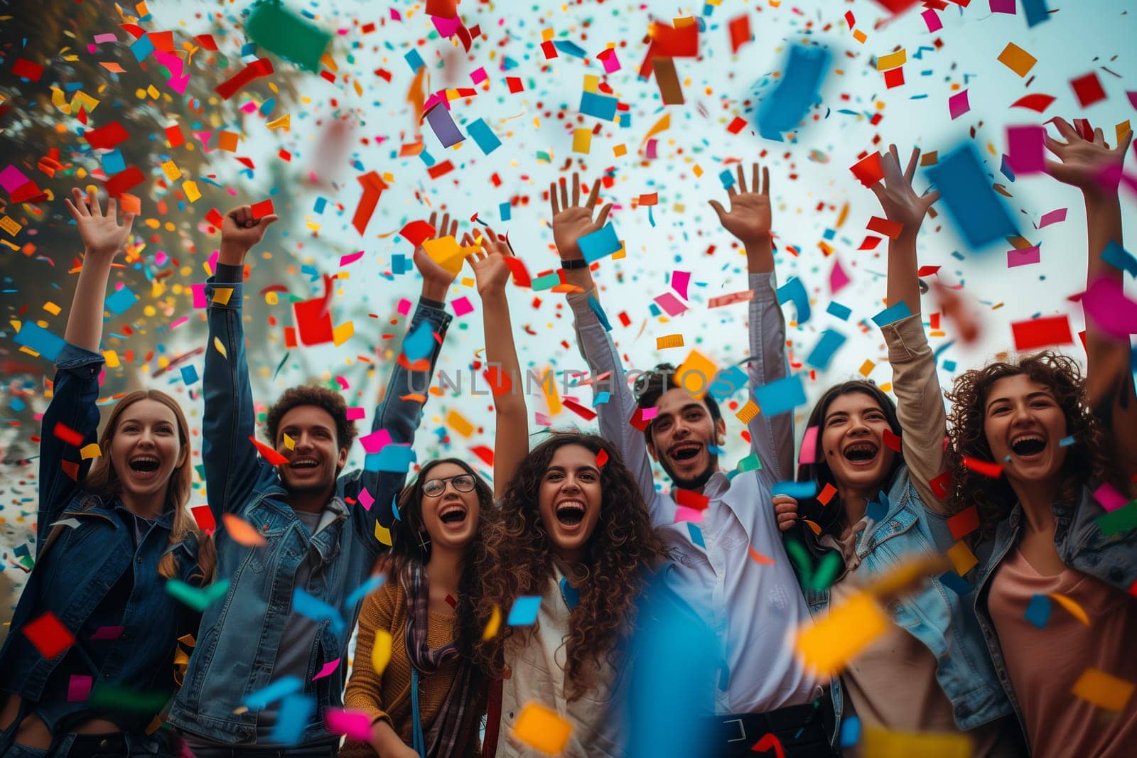A group of young adults, dressed casually, are celebrating a special occasion with confetti falling around them. They are all smiling and laughing, enjoying the moment. The bright colors of the confetti and the happy expressions on their faces create a festive and joyful atmosphere.