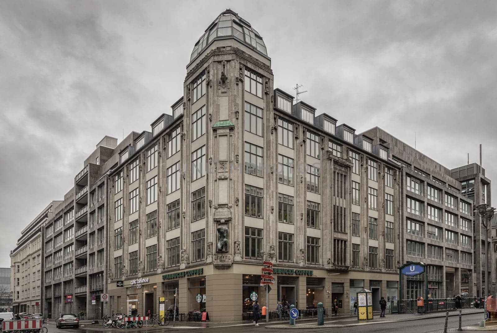 Berlin, Germany - Dec 19, 2023 - Architecture exterior of Friedrichstrasse 61 or Geschaeftsgebaeude corner (Art-deco building) in Berlin-Mitte, Copy space, Selective focus.