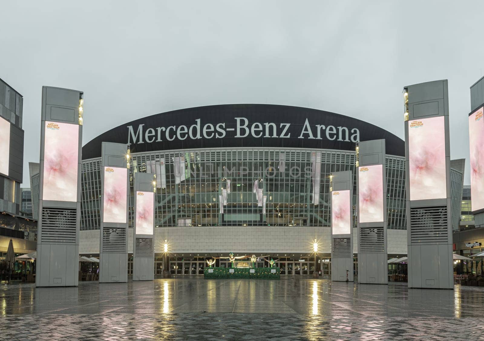 Berlin, Germany - Dec 19, 2023 - The multi-purpose hall of the UBER Arena (former Mercedes Benz Arena) in the Friedrichshain neighborhood. It holds important sport and entertainment events, Space for text, Selective focus.