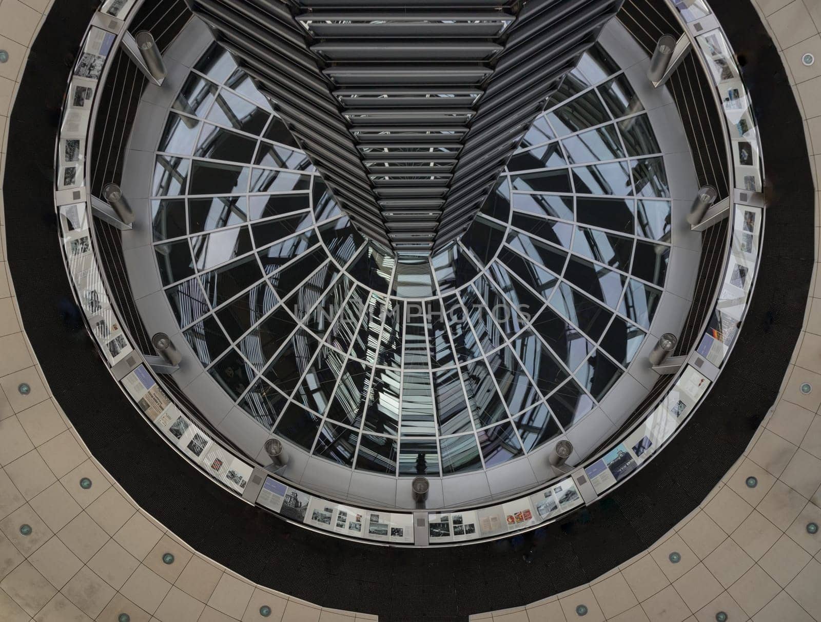 Berlin, Germany - Dec 20, 2023 - Architecture interior of the Cupola of the Reichstag dome is a glass dome constructed on top of the rebuilt Reichstag building. a major tourist attraction of the berlin city, Copy space, Selective focus.