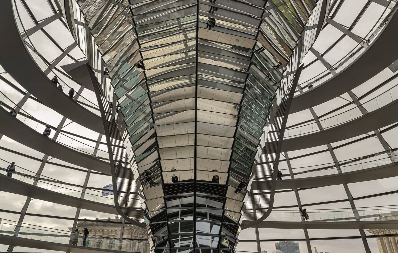 Berlin, Germany - Dec 20, 2023 - Architecture interior of the Cupola of the Reichstag dome is a glass dome constructed on top of the rebuilt Reichstag building. a major tourist attraction of the berlin city, Copy space, Selective focus.