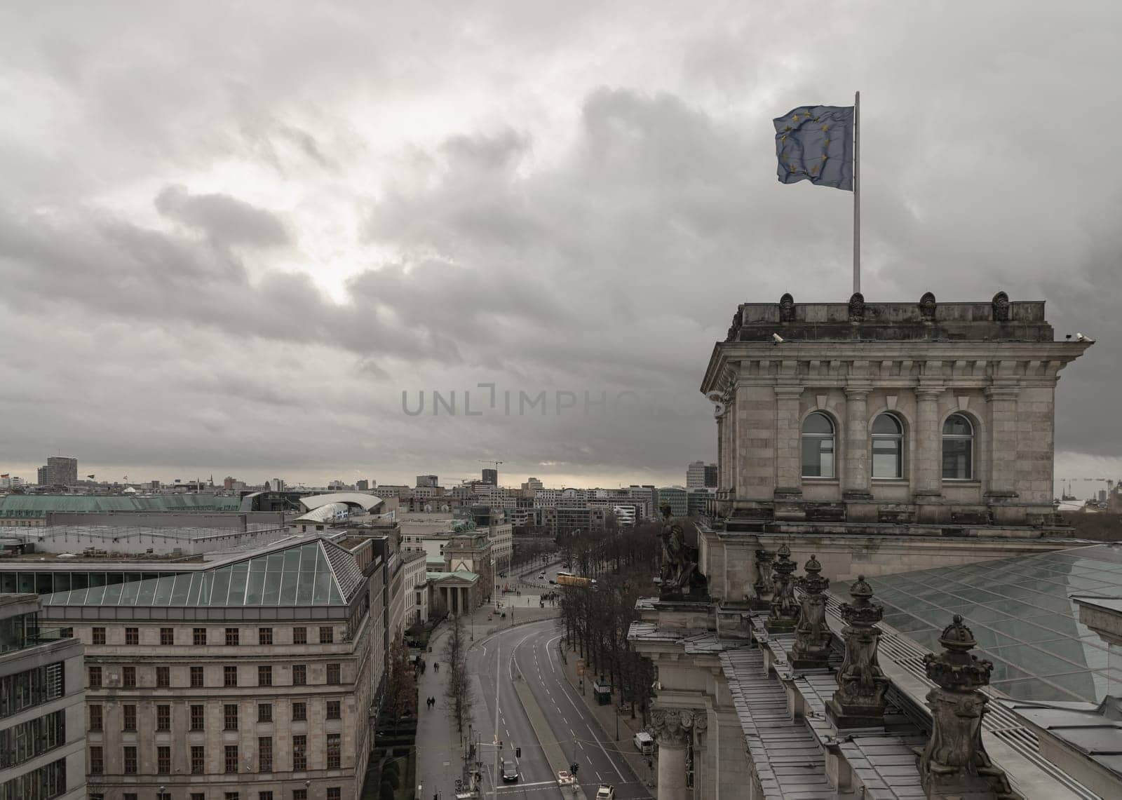 Berlin, Germany - Dec 20, 2023 - Berlin cityscape view from above of corner tower Reichstag building with Kammer der Technik and buildings at the downtown Berlin. a major tourist attraction of the berlin city, Space for text, Selective focus.
