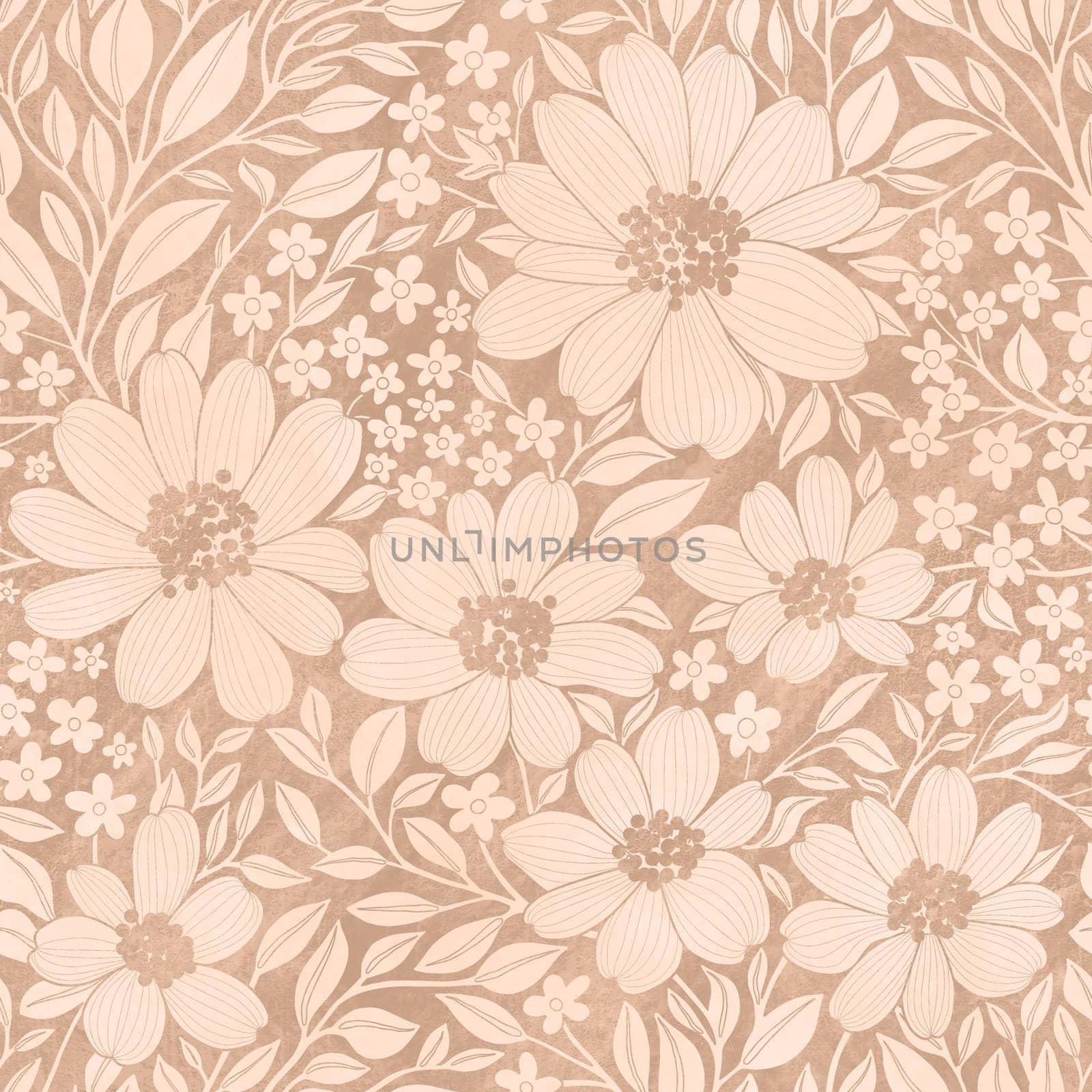 Floral Seamless Pattern of Flowers and Leaves in desert sand and champagne pink colors with Texture, Great for Textiles, Wallpapers, Wrapping Papers, Fabrics, Prints, Package Design, Beauty Products