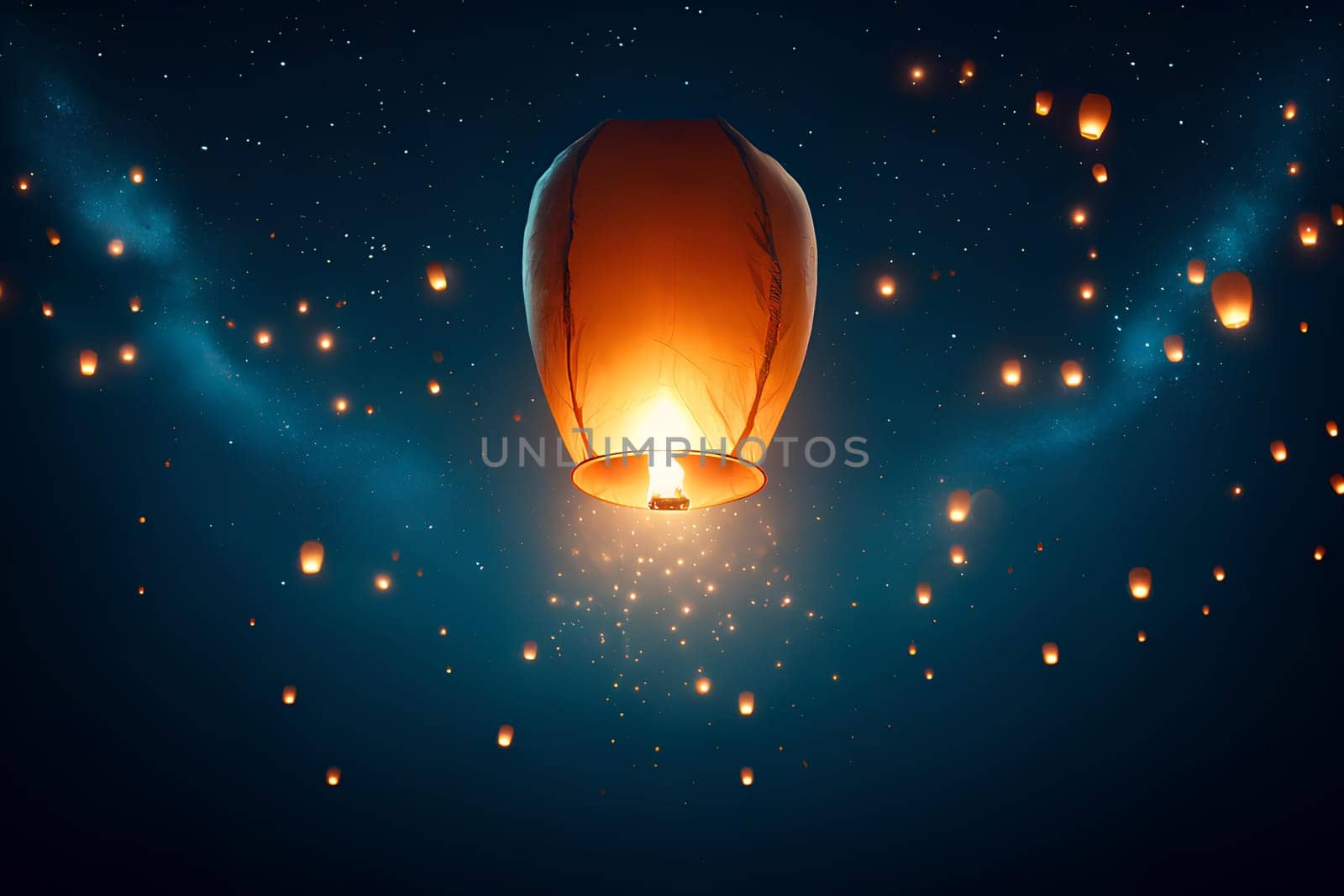 a burning Chinese lantern flying in the night sky.