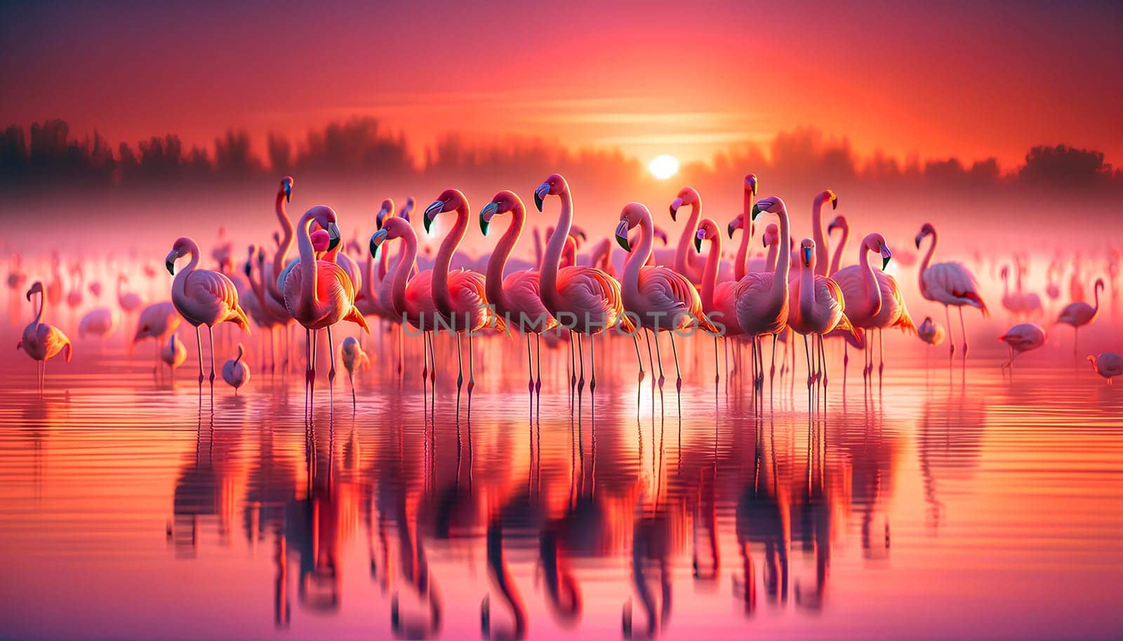 pink flamingos gracefully stand in the water in shallow water at sunset.