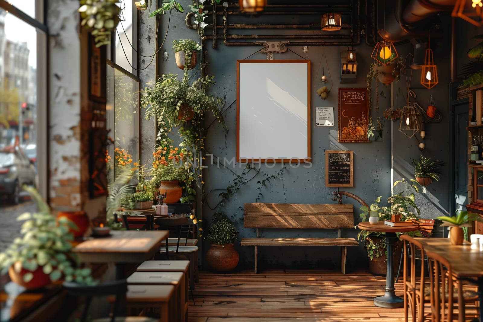 This image showcases the interior of a cozy cafe, featuring a large window allowing natural light to flood the space. The cafe boasts a rustic aesthetic with wooden furniture, hanging plants, and a large blank canvas framed on the wall. A wooden bench sits against the wall, while a round table with a metal base is located in the center of the room.