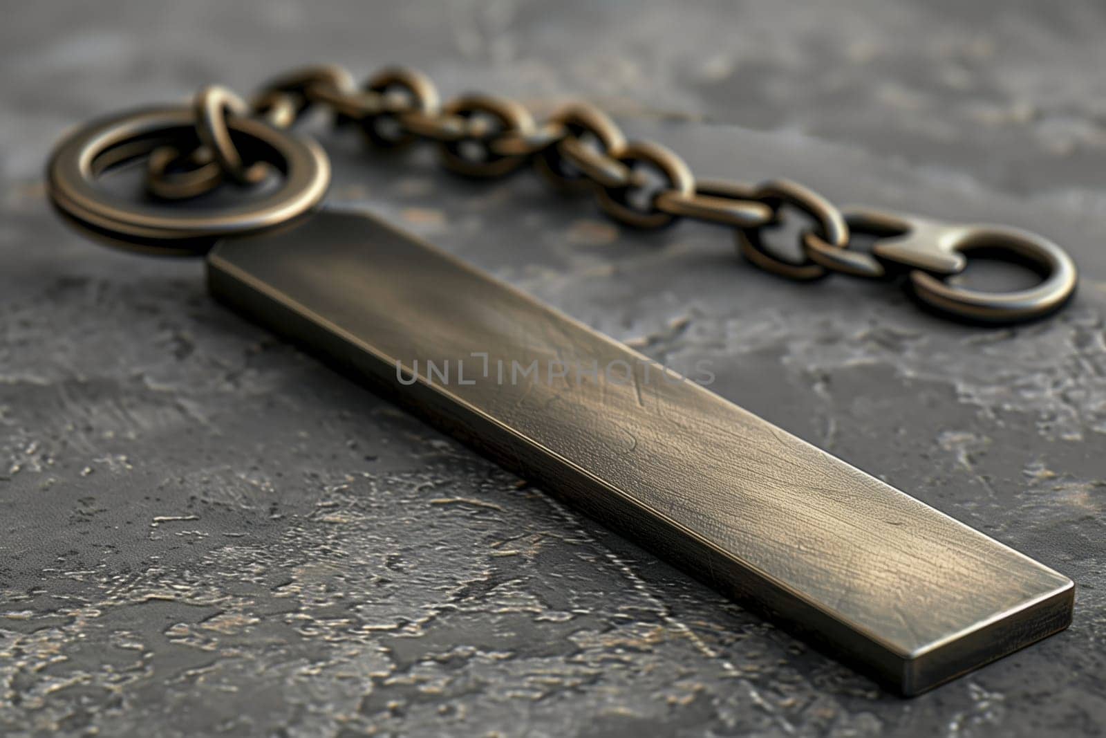 A close-up shot of a brushed metal keychain with a thick, rectangular metal bar attached to a chain. The keychain is lying on a rough grey surface with textured details. The metal bar has a brushed finish that reflects light, highlighting its texture. The overall image has a minimalist and industrial aesthetic.