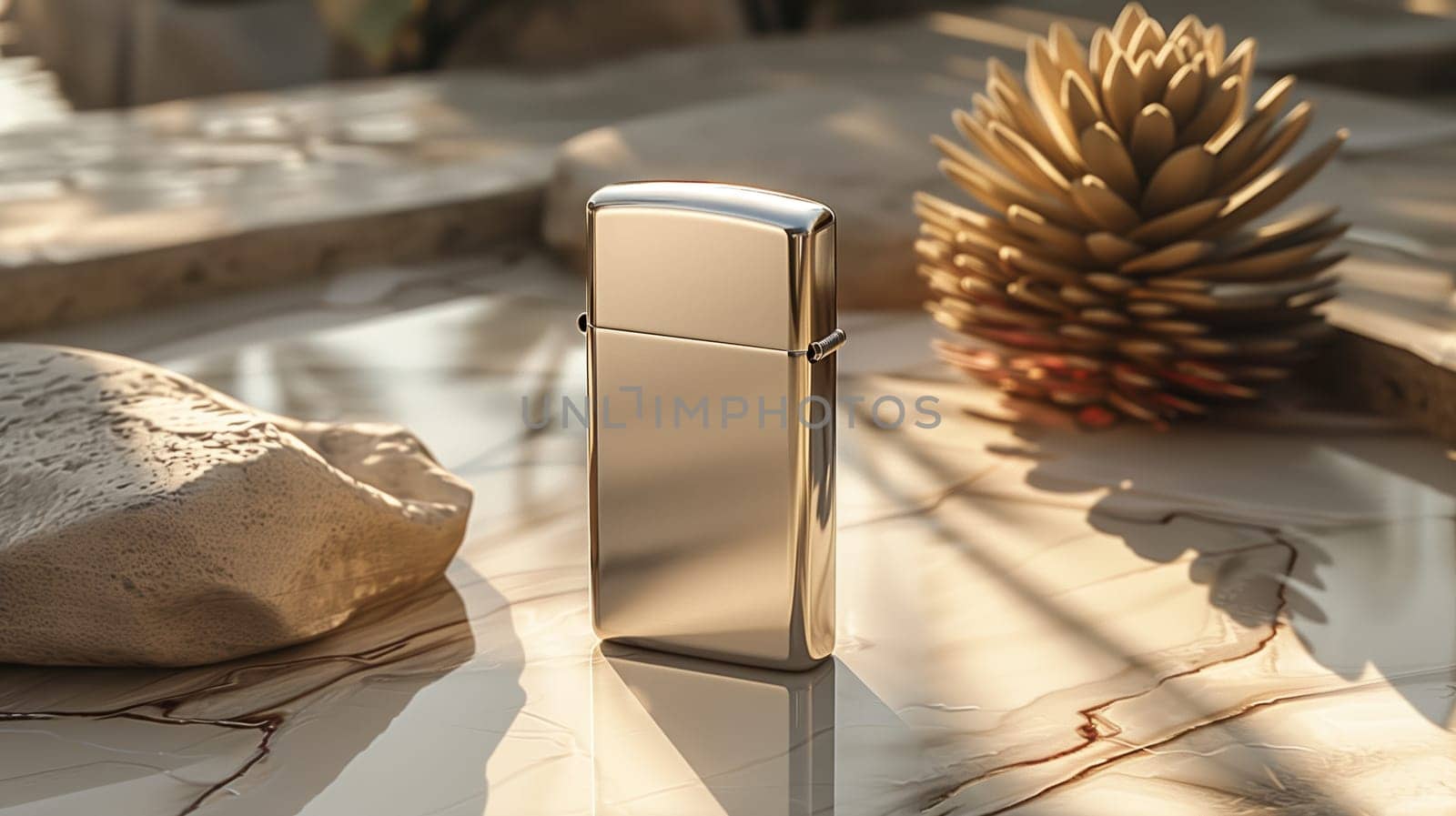 A close-up photograph of a silver lighter sitting on a smooth, white marble surface. A small pine cone sits to the right, and the light casts warm shadows across the surface. The photograph emphasizes the reflective quality of the lighter.