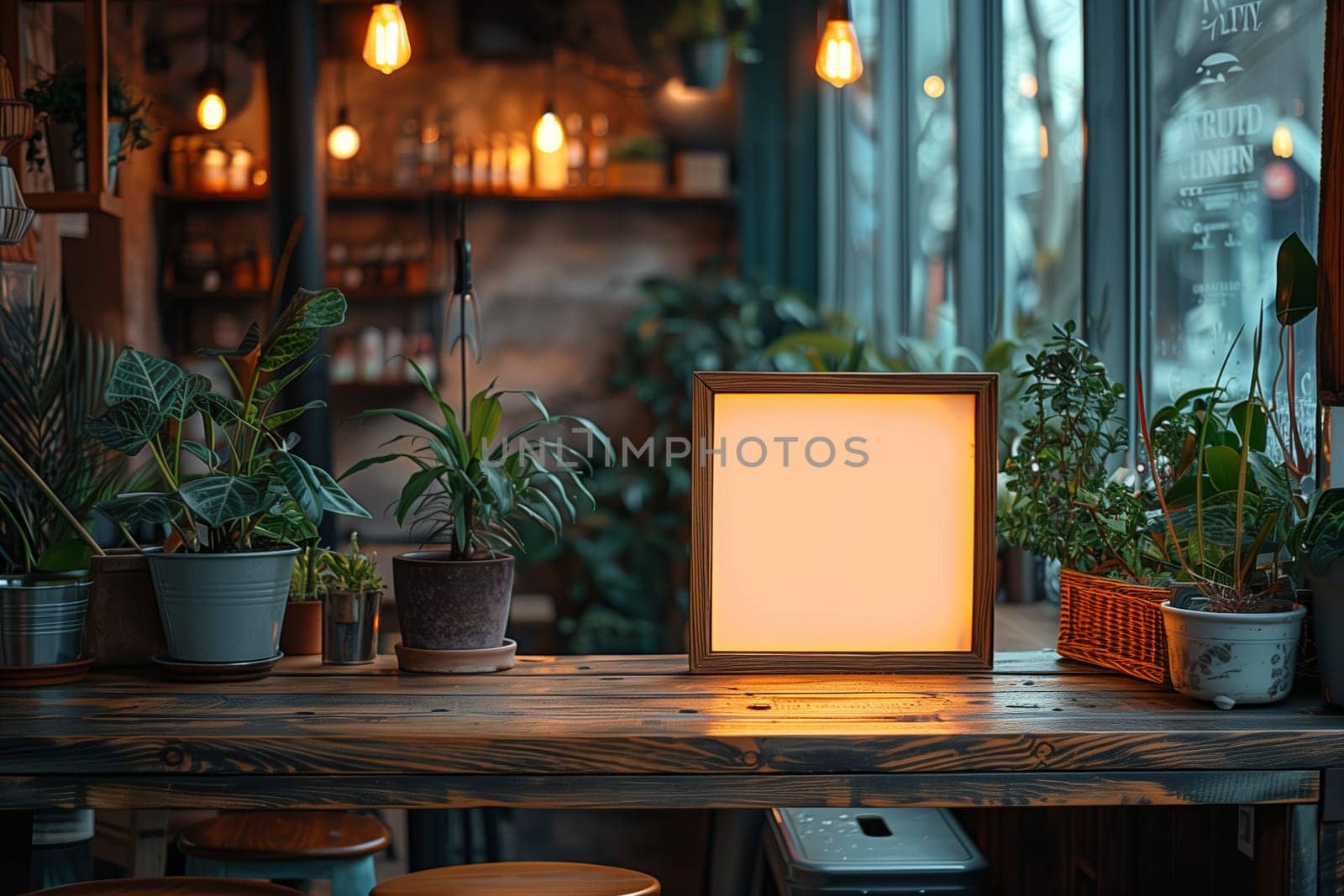 A close-up shot of a glowing light box sitting on a wooden table in a cafe. The table is surrounded by potted plants, and the cafes interior can be seen in the background, including shelves with bottles. The window behind the table is blurred, showing the outside street and a sign with writing.