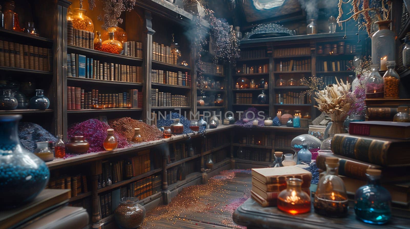 An old, cluttered workshop and library with tall bookshelves filled with ancient tomes, rows of potions, and a variety of ingredients and magical items. The scene is dimly lit, with a warm, inviting atmosphere. A stack of books sits on a table in the foreground.