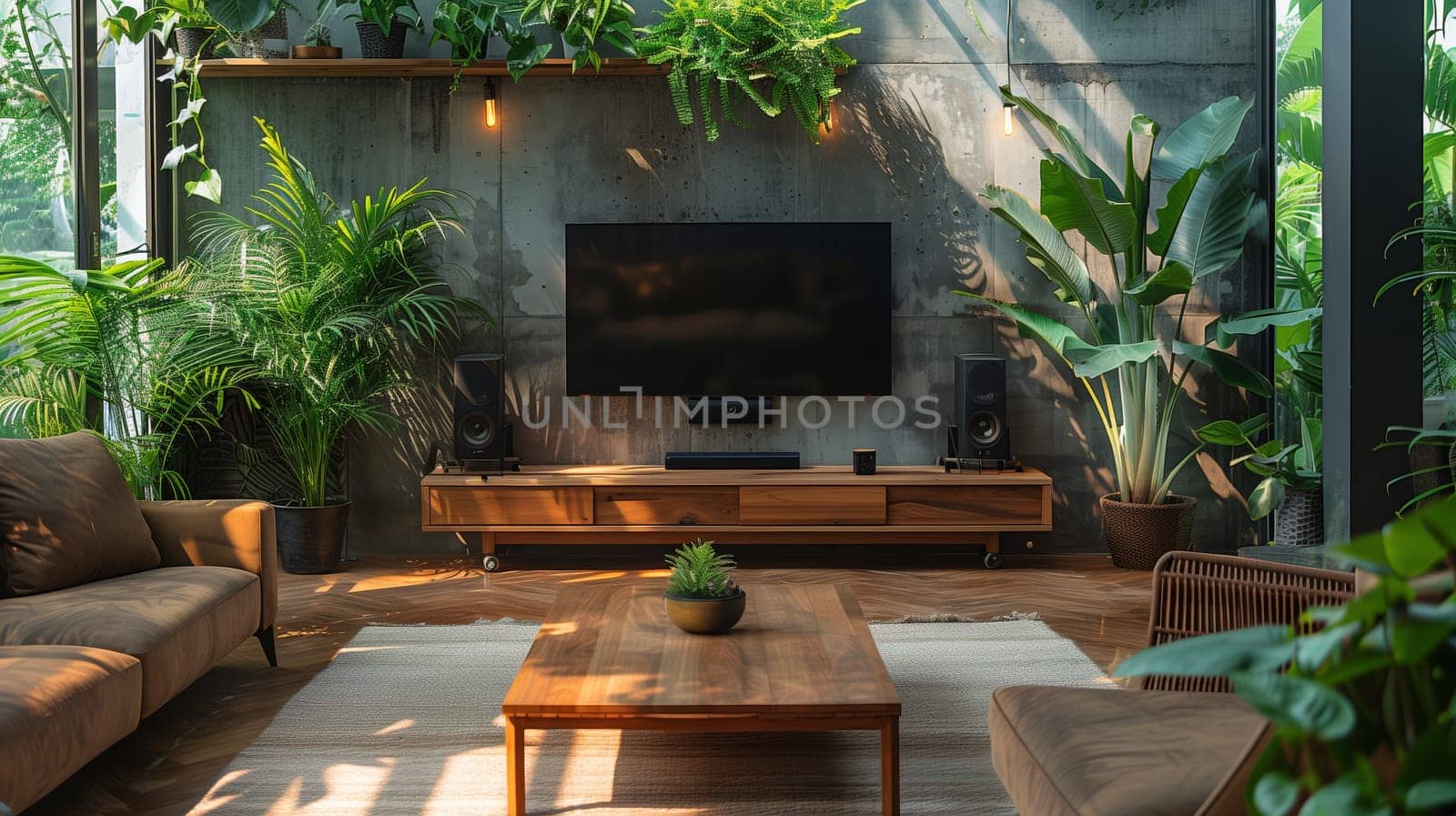 This image showcases a modern living room with a large television mounted above a wooden entertainment center. There are several plants in the room, including a large palm tree in the corner. The room has a light and airy feel, with natural light coming in through the windows. The furniture is a mix of modern and traditional styles, and there is a comfortable-looking couch and a coffee table in the center of the room.