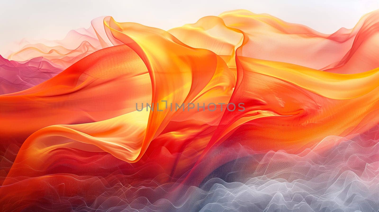 A digital artwork depicting a vibrant, abstract, orange and yellow fabric billowing and flowing over a background of soft, white clouds. The image is visually captivating and evokes a sense of motion and energy.