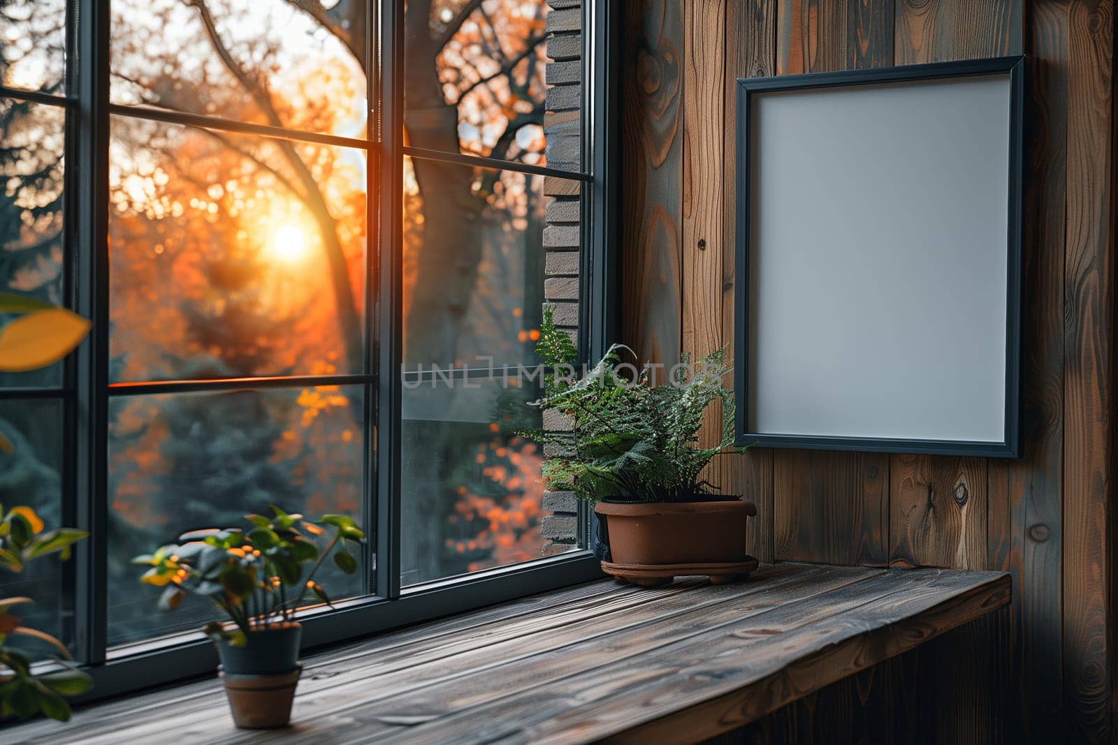 A wooden windowsill with two potted plants sits in front of a large window. The window looks out onto a sunset-lit forest scene. A black-framed picture hangs on the wall beside the window.