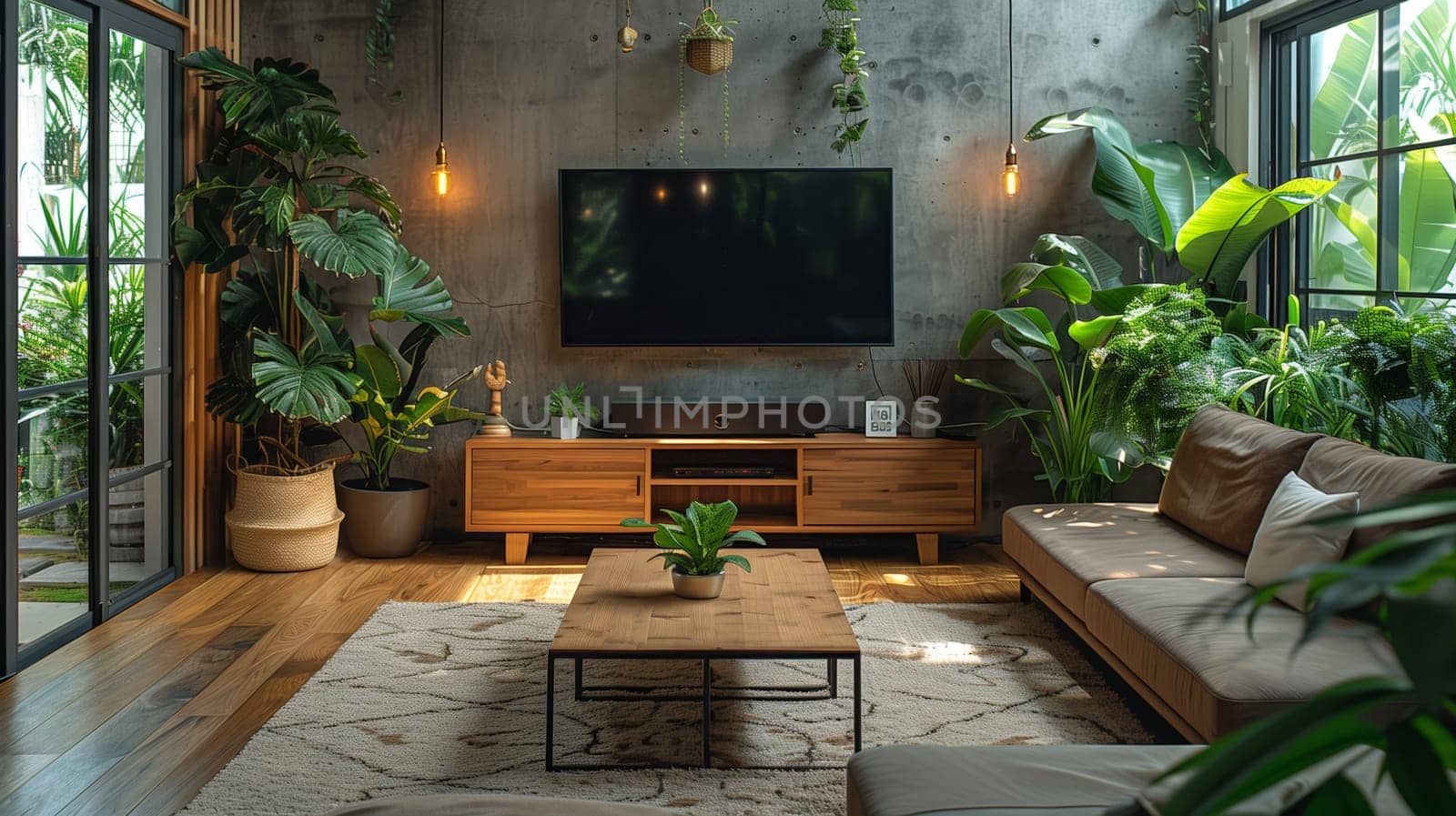 This image shows a modern living room with large plants, a flat screen TV, and a comfortable couch. The room has a wooden floor and a large window that lets in natural light. There is a coffee table in the center of the room, with a plant on top.