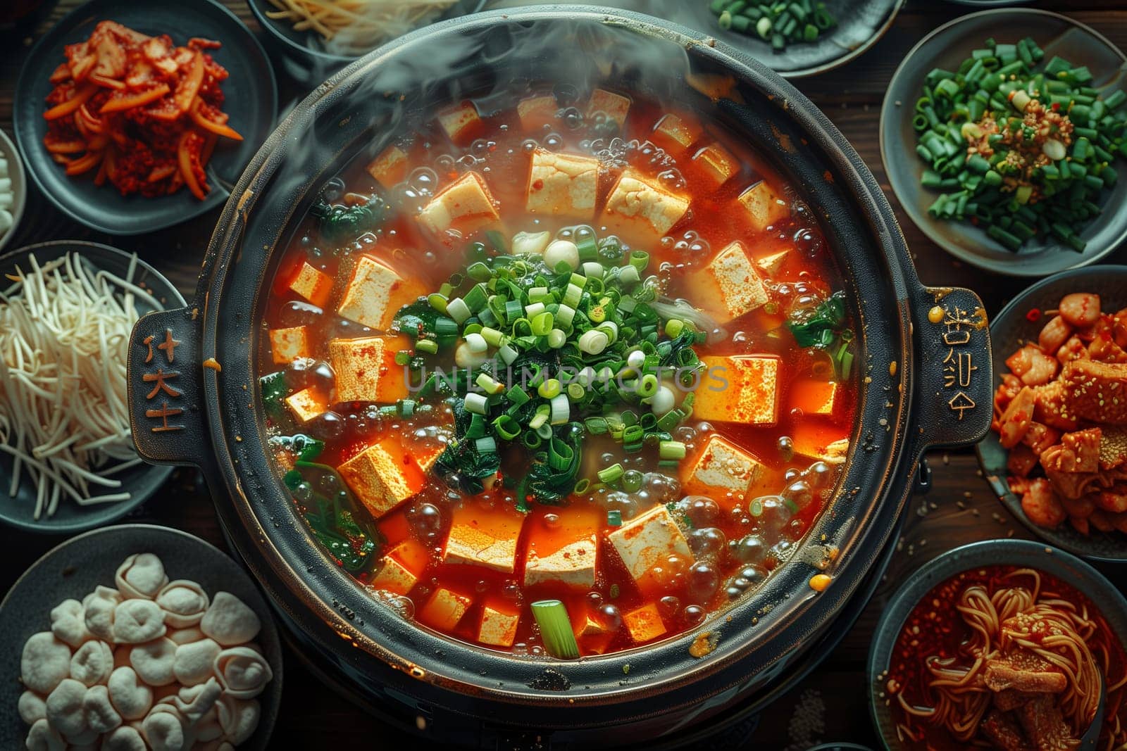 A black pot filled with a hot, red soup simmering with tofu cubes and topped with fresh green onions. The pot is surrounded by various side dishes, including kimchi, noodles, and dumplings. The steam rising from the pot adds to the enticing aroma of the meal.