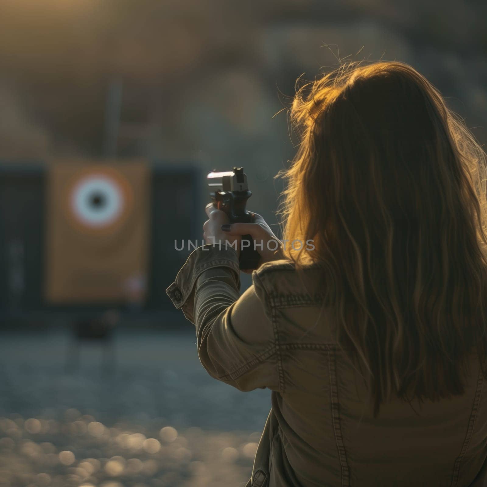 Rear view of a young woman pointing a gun at a target. Shooting practice.