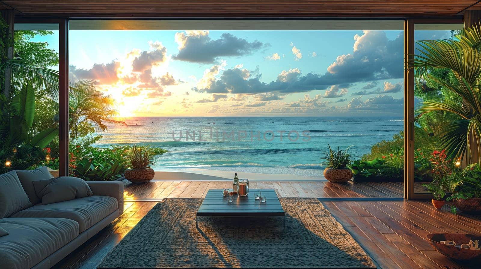 A living room with large glass doors overlooking a tropical ocean scene. The sun is setting over the water, casting a golden glow on the clouds and the waves. There are potted plants on the patio and a couch inside the room, creating a relaxing and luxurious atmosphere.