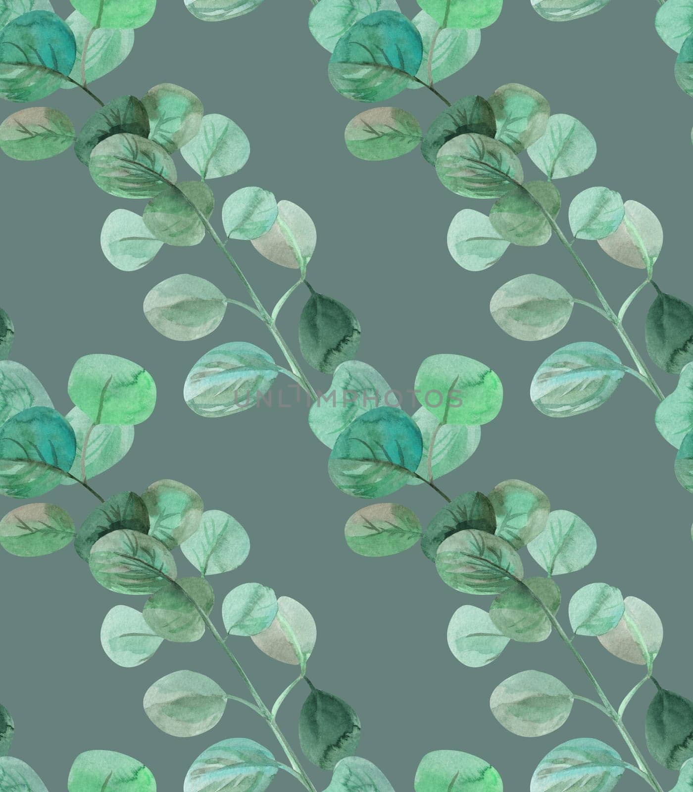 Watercolor seamless pattern with eucalyptus branches. Evergreen repeating texture on green background. Pattern for wrapping paper, print or fabric