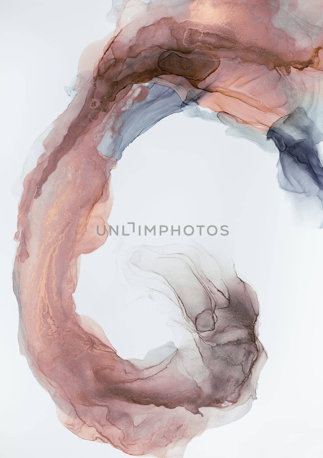 A close-up of a swirling abstract ink painting in shades of brown, pink, and gray against a white background.