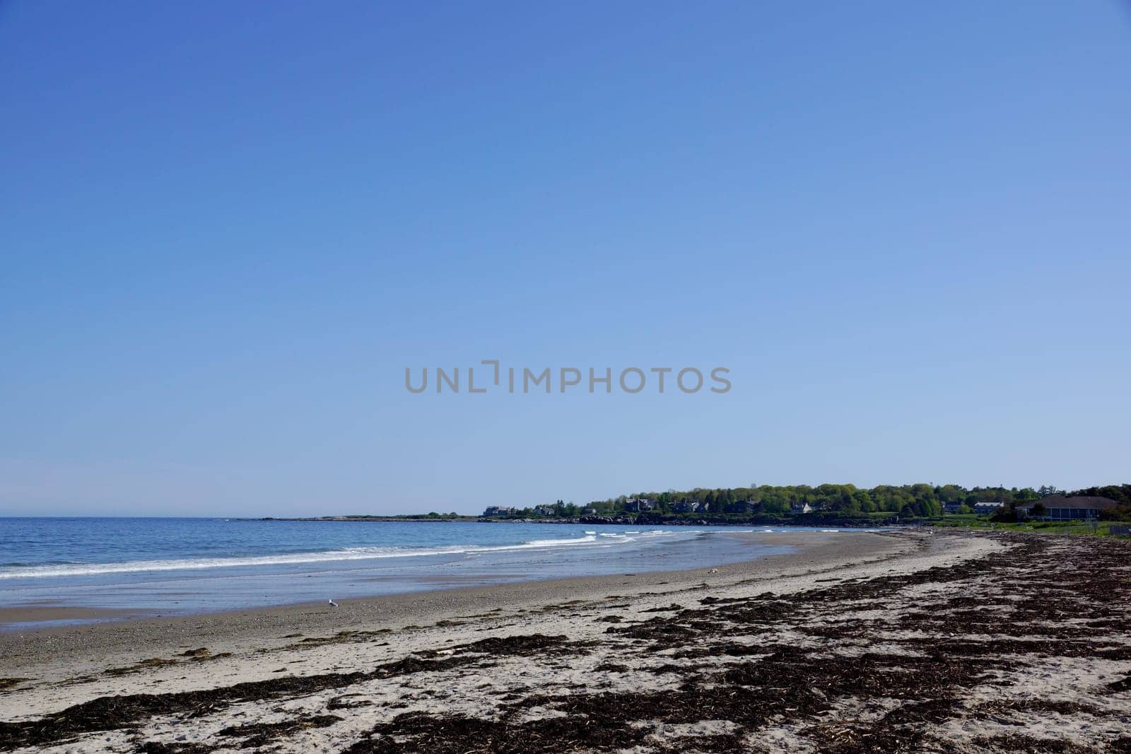 A wide shot of Scarborough Beach State Park in Maine, showcasing the sandy shoreline and clear blue sky.